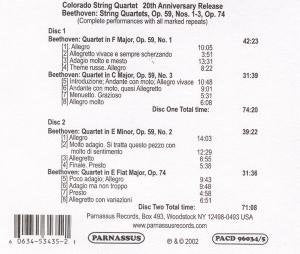 BEETHOVEN: QUARTETS OP. 59 NOS. 1-3 (RAZUMOVSKY QUARTETS) & OP. 74 - COLORADO STRING QUARTET (20TH ANNIVERSARY RELEASE - 2 CDS)