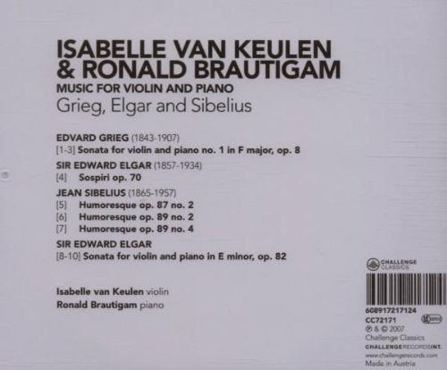 GRIEG, ELGAR & SIBELIUS: MUSIC FOR VIOLIN AND PIANO - ISABELLE VAN KEULEN, RONALD BRAUTIGAM