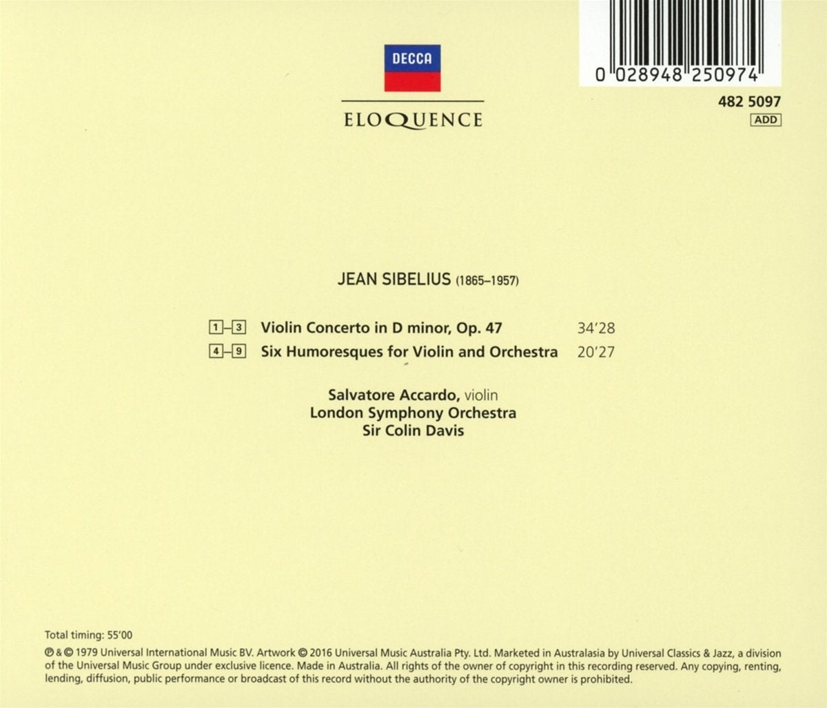 SIBELIUS: VIOLIN CONCERTO; 6 HUMORESQUES - SALVATORE ACCARDO, SIR COLIN DAVIS, LONDON SYMPHONY