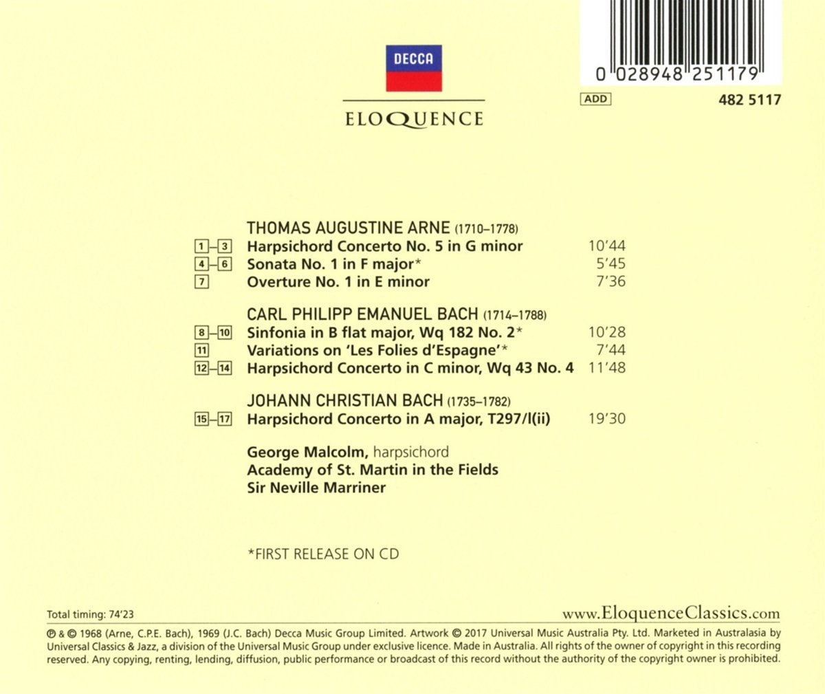 ARNE; C.P.E. BACH; J.C. BACH: HARPSICHORD CONCERTI - GEORGE MALCOLM, ACADEMY OF ST. MARTIN IN THE FIELDS