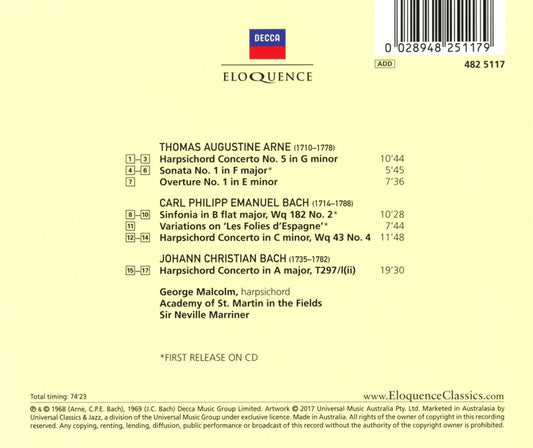 ARNE; C.P.E. BACH; J.C. BACH: HARPSICHORD CONCERTI - GEORGE MALCOLM, ACADEMY OF ST. MARTIN IN THE FIELDS