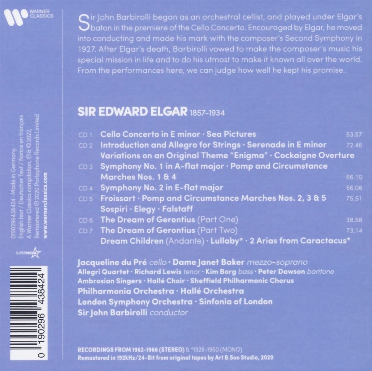 ELGAR: CELLO CONCERTO, ENIGMA VARIATIONS, SYMPHONIES 1 & 2, SEA PICTURES AND MORE - JOHN BARBIROLLI (7 CDS)