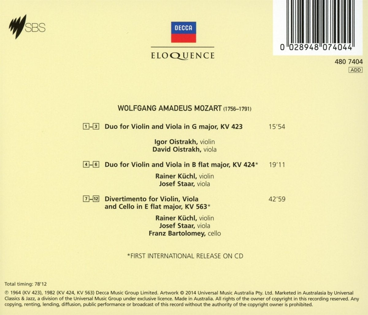 MOZART: DUOS FOR VIOLIN & VIOLA; DIVERTIMENTO IN E FLAT - DAVID & IGOR OISTRAKH, RAINER KUCHL, JOSEF STAAR, FRANZ BARTOLEMEY
