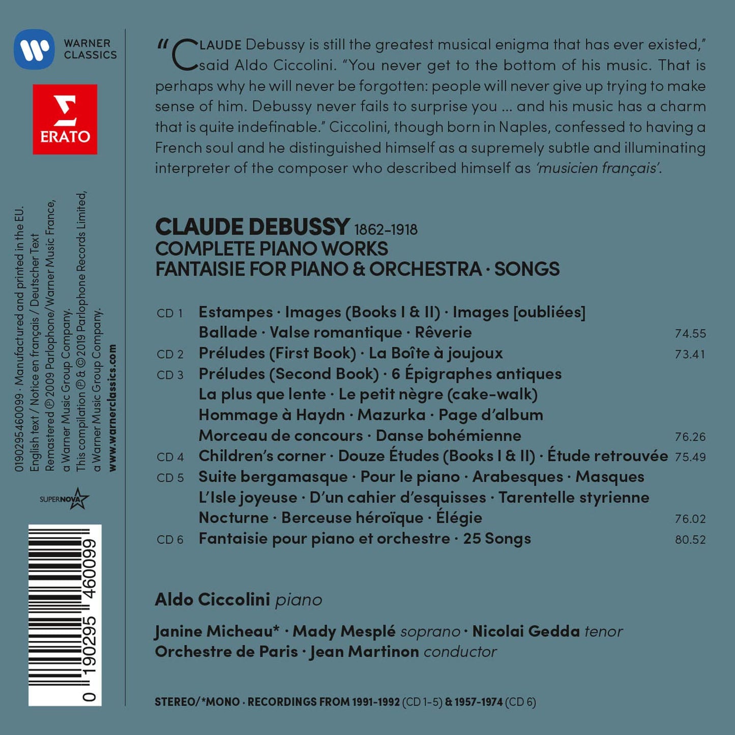 DEBUSSY: COMPLETE PIANO WORKS; FANTAISIE FOR PIANO & ORCHESTRA - ALDO CICCOLINI (6 CD)
