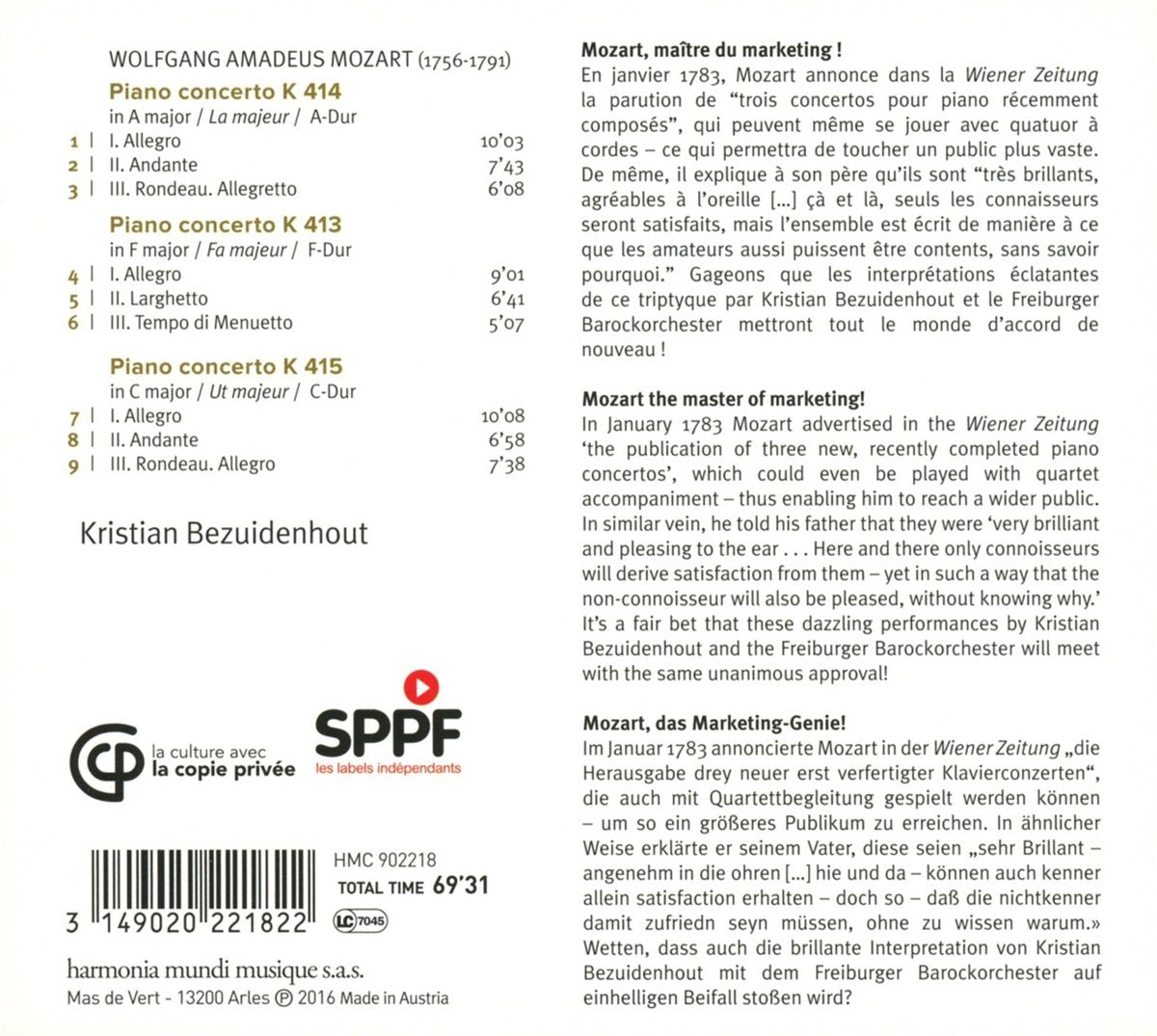 MOZART: PIANO CONCERTOS K. 413-415 - Krystian Bezuidenhout, Freiberger Barockorchester