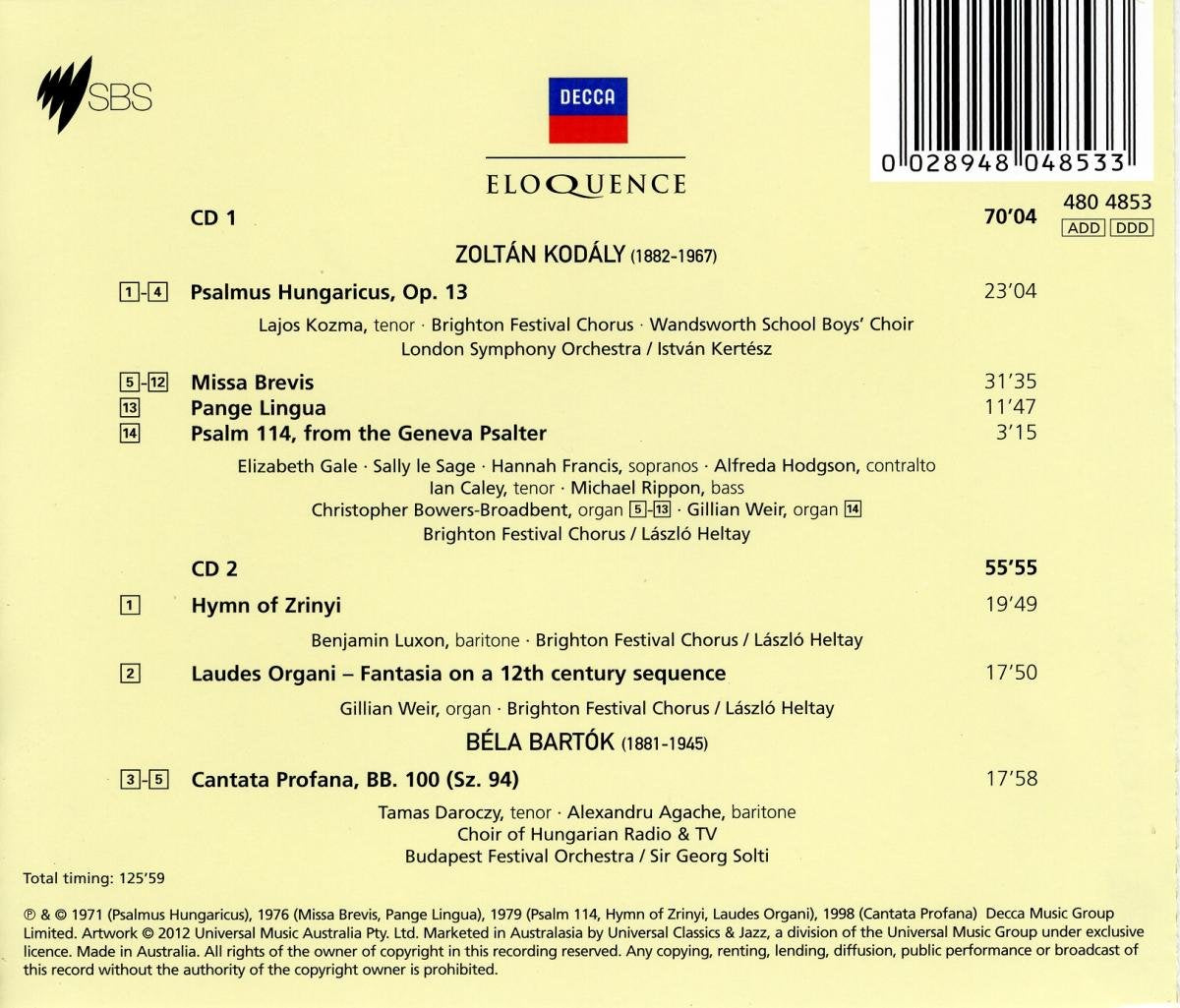 KODALY: Choral Works; BARTOK: Cantata Profana - Kertesz, Solti (2 CDs)