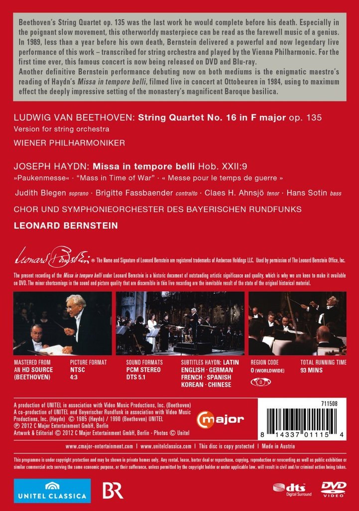 HAYDN: MASS IN TIME OF WAR; BEETHOVEN: STRING QUARTET NO. 16 (VERSION FOR ORCHESTRA) - BERNSTEIN; WIENER PHILHARMONIKER; CHOR UND SYMPHONIEORCHESTER DES BAYERISCHEN RUNDFUNKS; BLEGEN; FASSBAENDER; AHNSJOE; S