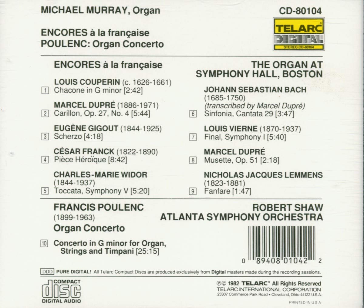 MICHAEL MURRAY: ENCORES A LA FRANCAISE/POULENC: CONCERTO FOR ORGAN