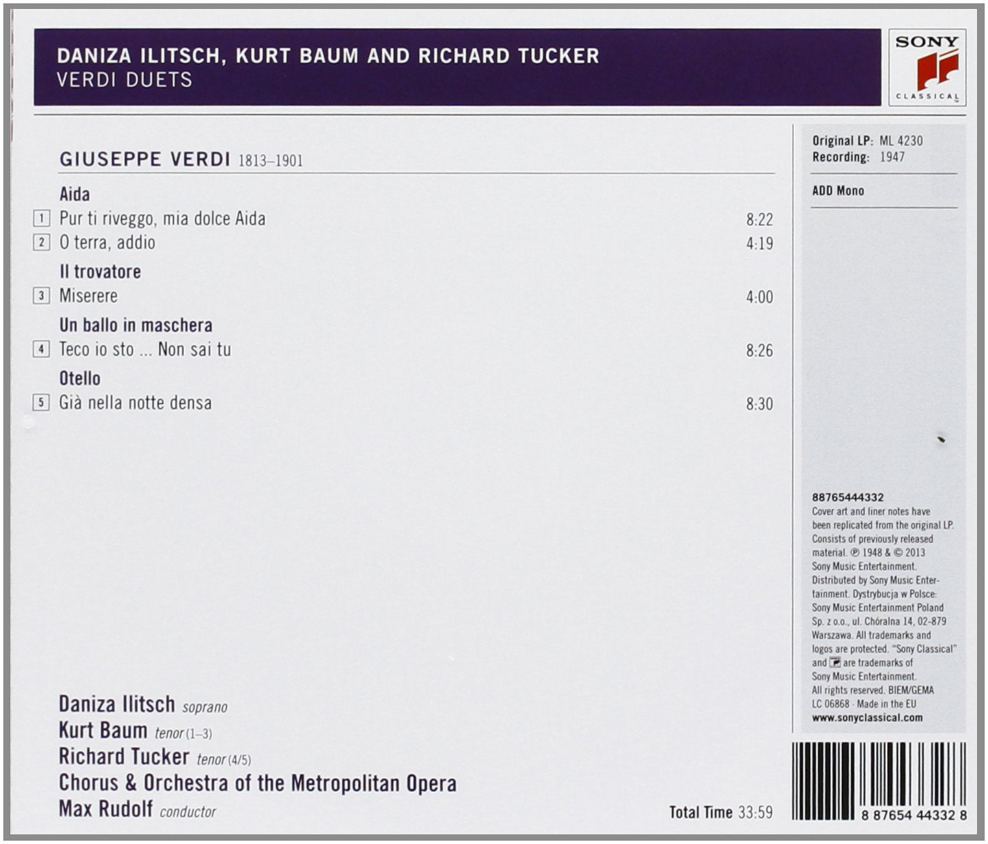 VERDI DUETS: TUCKER, BAUM, METROPOLITAN OPERA ORCHESTRA, MAX RUDOLF