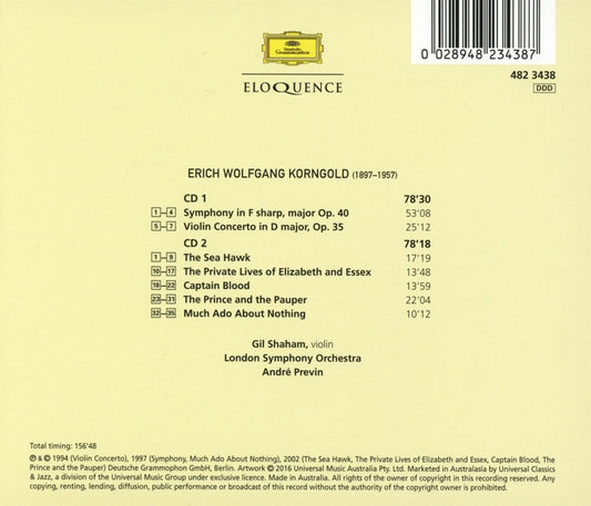 KORNGOLD: VIOLIN CONCERTO; SYMPHONY IN F SHARP MAJOR; FILM MUSIC - ANDRE PREVIN, GIL SHAHAM, LONDON SYMPHONY (2 CDS)