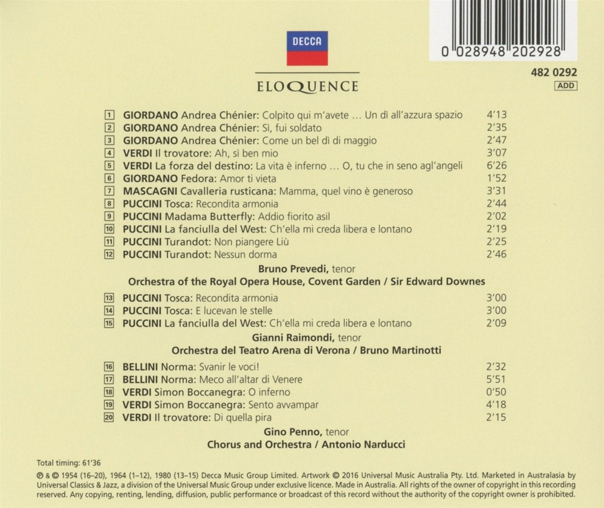 GREAT TENOR ARIAS, VOLUME 1 - PREVEDI, RAIMONDI, PENNO