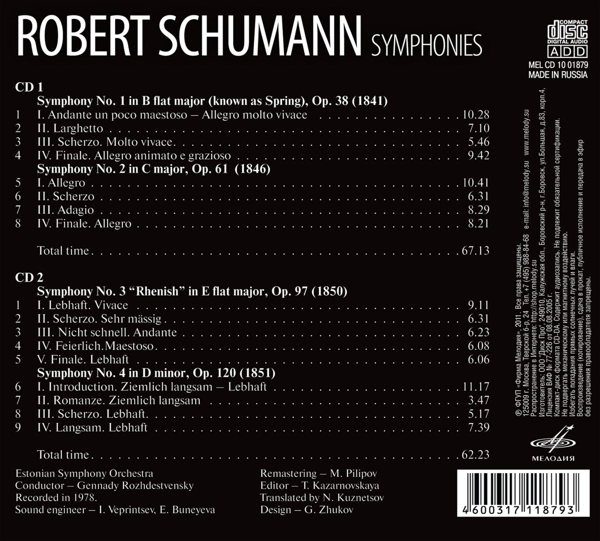 SCHUMANN: Symphonies 1-4 (Ed. by George Szell) - Estonian Symphony Orchestra, G. Rozhdestevensky (2 CDs)