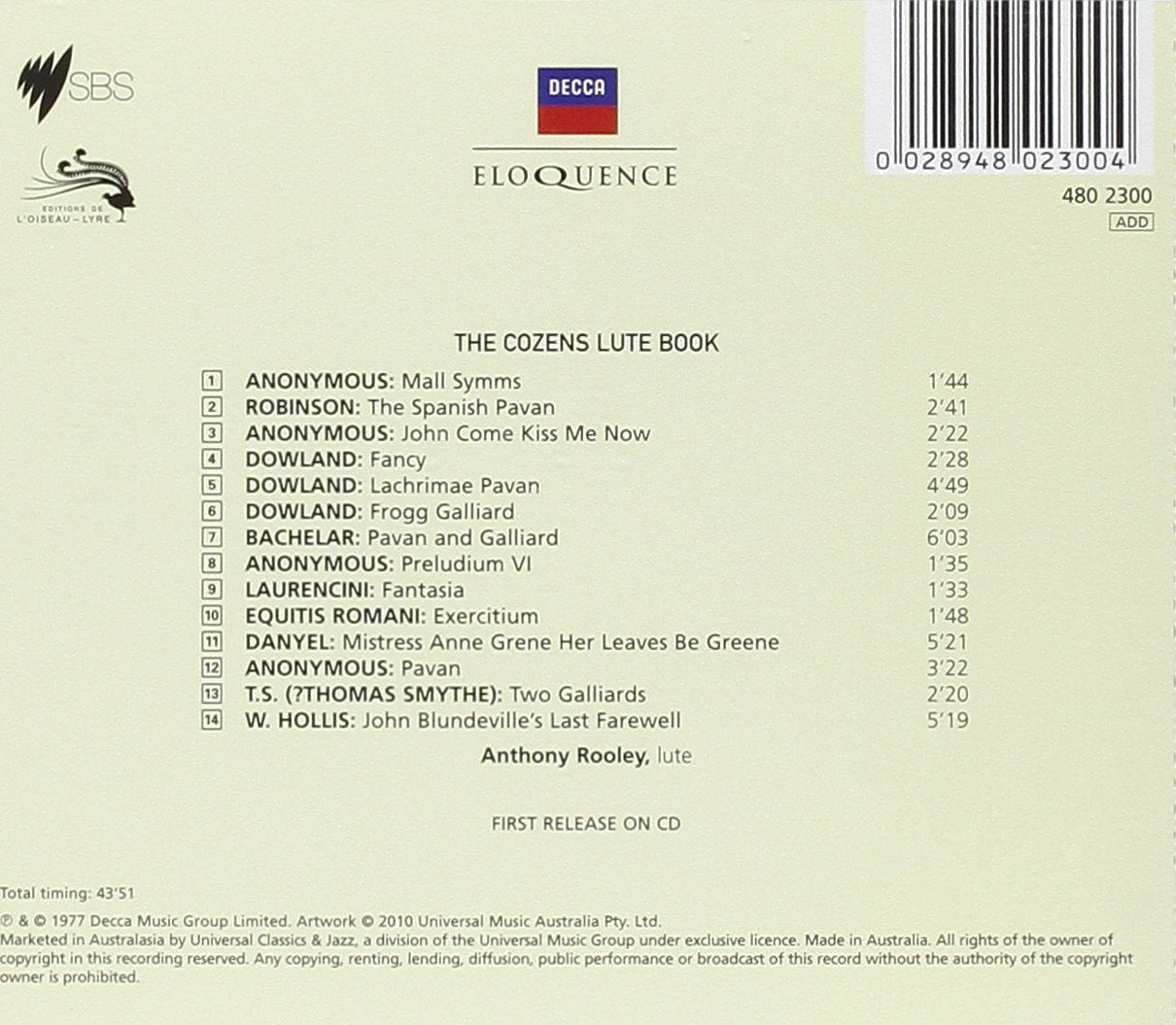 COZENS LUTE BOOK - ANTHONY ROOLEY