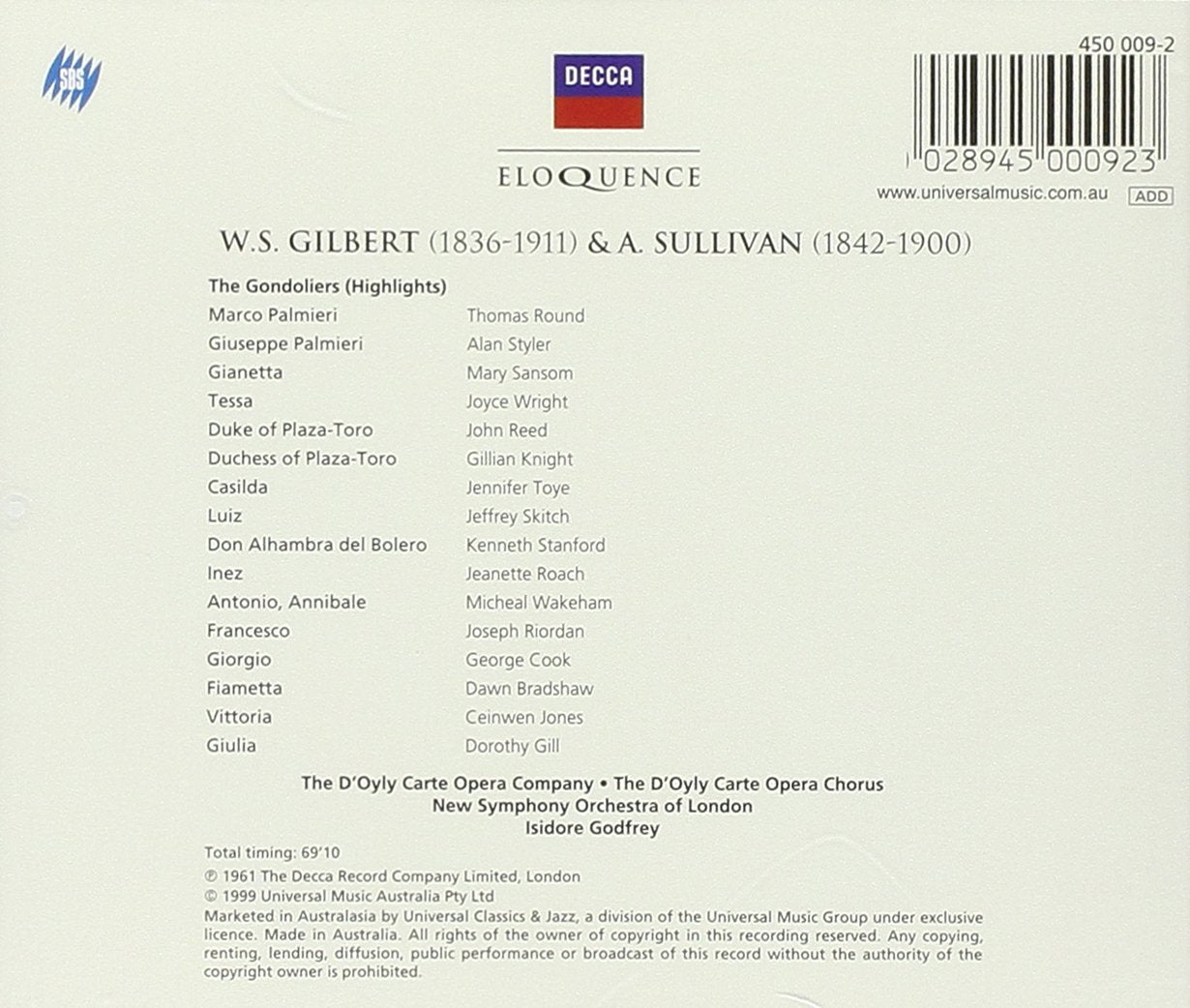 GILBERT & SULLIVAN: Gondoliers (Highlights) - D'Oyly Carte Opera Company. Isidore Godfrey