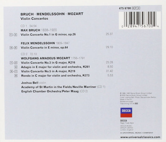 BRUCH, MENDELSSOHN, MOZART: VIOLIN CONCERTOS - JOSHUA BELL (2 CDS)