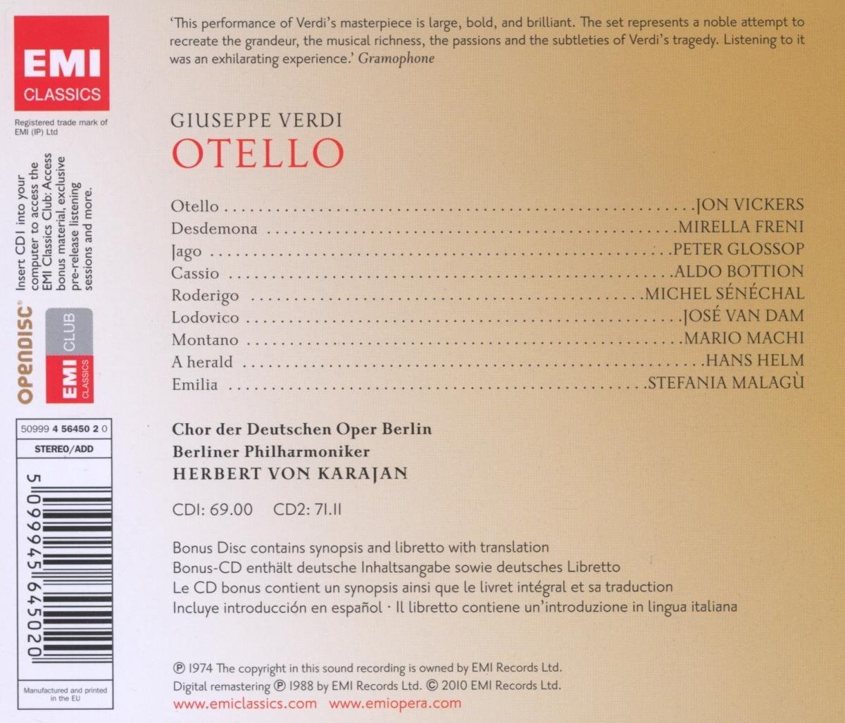 VERDI: OTELLO - VICKERS, FRENI, KARAJAN (3 CDS)