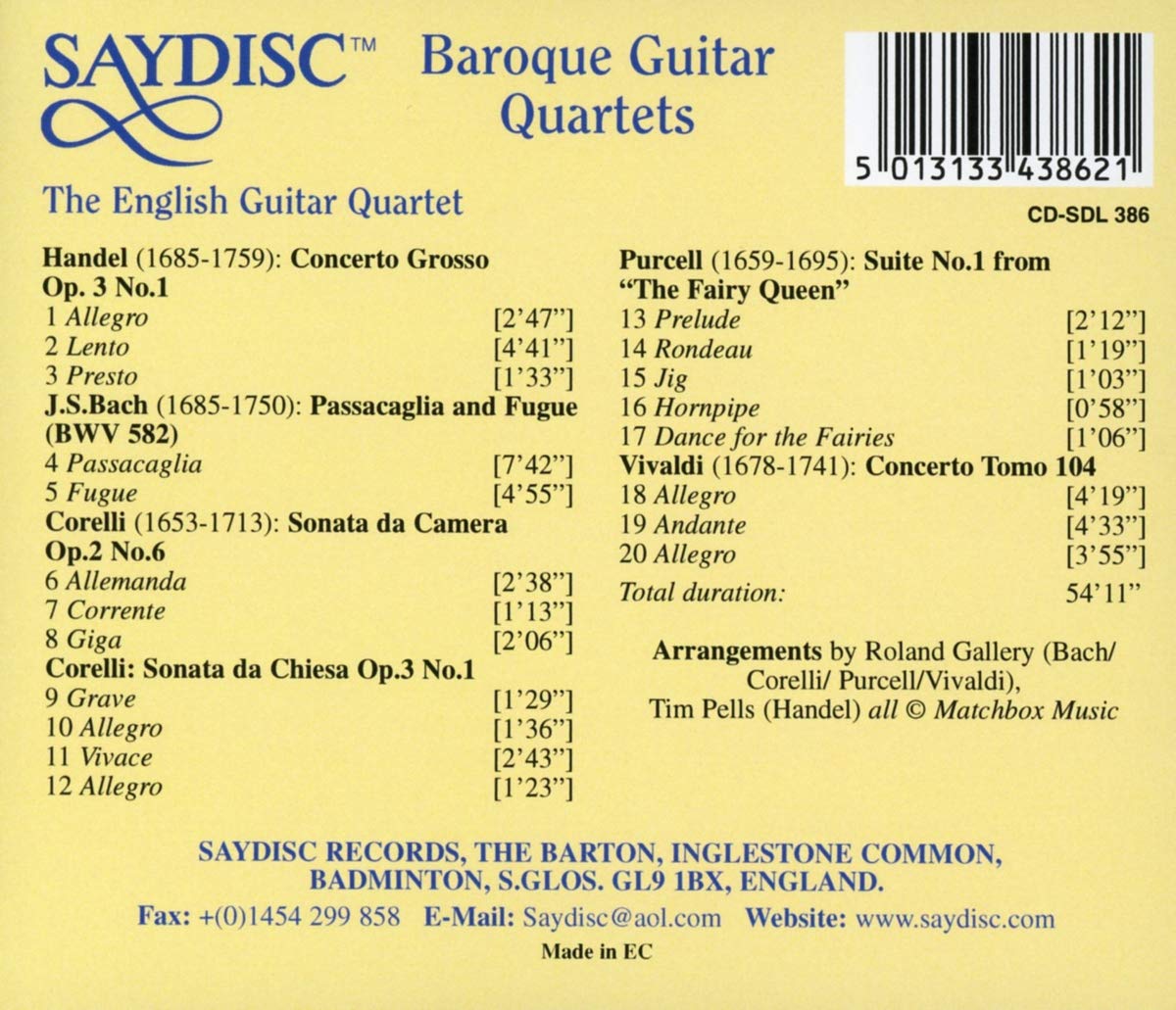Baroque Guitar Quartets (Handel, Bach, Corelli, Purcell & Vivaldi): The English Guitar Quartet