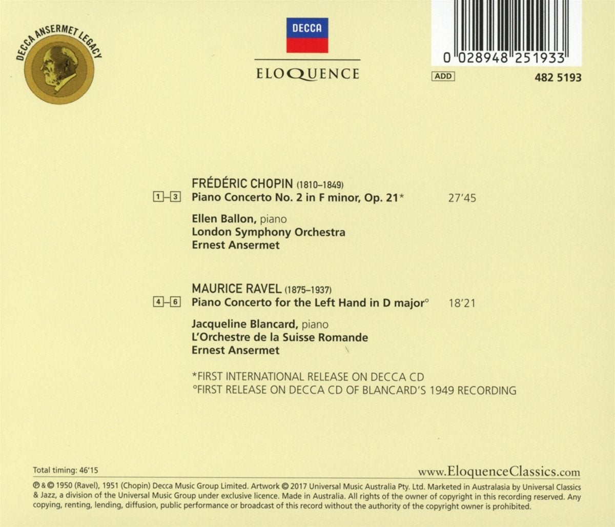 CHOPIN: Piano Concerto No. 2; RAVEL: Piano Concerto for the Left Hand - Blancard, Ballon, Ansermet, L'Orchestre de la Suisse Romande