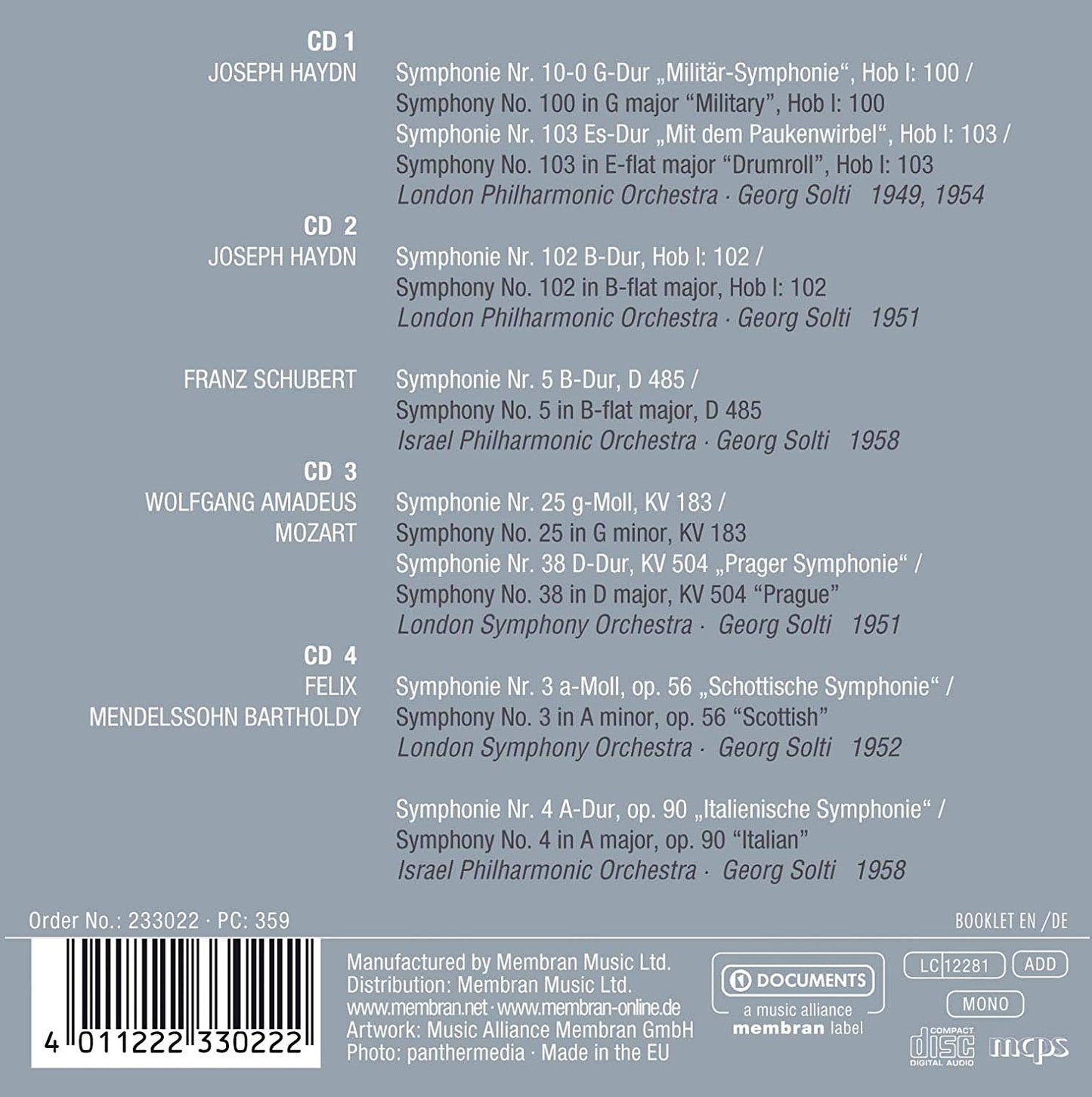 GEORG SOLTI: FAVORITE SYMPHONIES - HAYDN, MOZART, SCHUBERT, MENDELSSOHN (4 CDS)