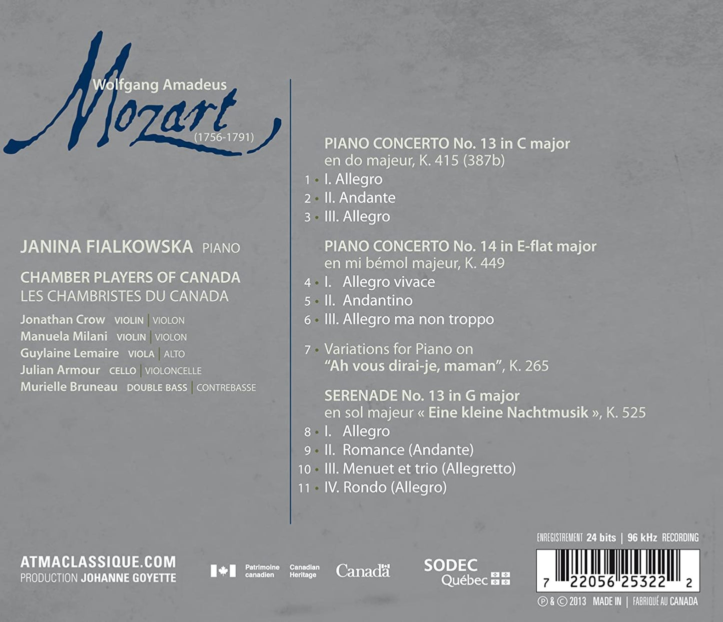 MOZART: Piano Concertos Nos 13 & 14, Eine Kleine Nachtmusik - Janina Fialkowska; Chamber Players of Canada