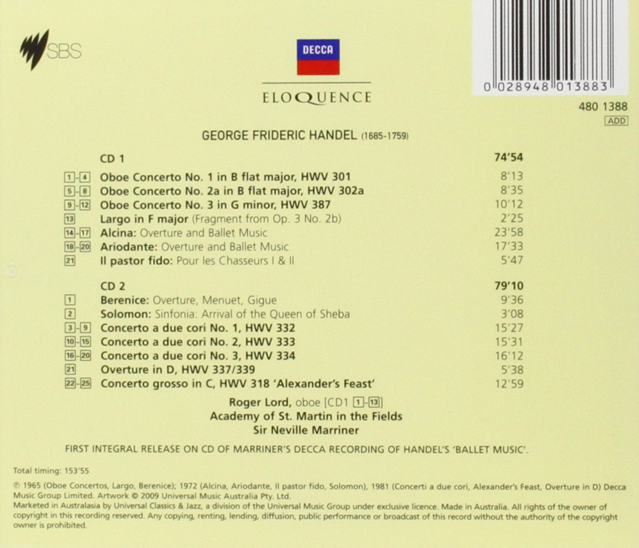 HANDEL: Oboe Concertos Nos 1-3, Concerti a due Cori, Arrival of the Queen of Sheba and more - Marriner, Academy of St. Martin in the Fields (2 CDs)