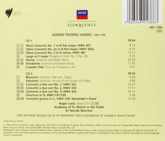 HANDEL: Oboe Concertos Nos 1-3, Concerti a due Cori, Arrival of the Queen of Sheba and more - Marriner, Academy of St. Martin in the Fields (2 CDs)