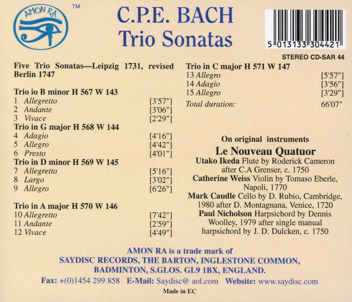 Bach, C.P.E.: Trio Sonatas - Le Nouveau Quatour