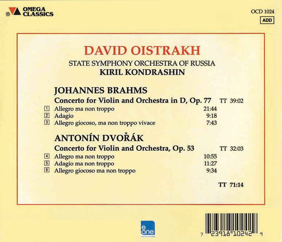 BRAHMS & DVORAK: VIOLIN CONCERTOS - OISTRAKH, KONDRASHIN, STATE SYMPHONY OF RUSSIA
