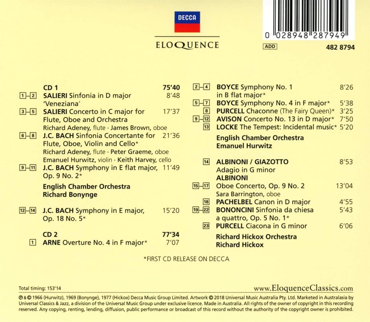 SINFONIA: J.C. BACH, SALIERI, ARNE, BOYCE, PURCELL, ALBINONI - BONYNGE, HURWITZ, HICKOX (2 CDS)