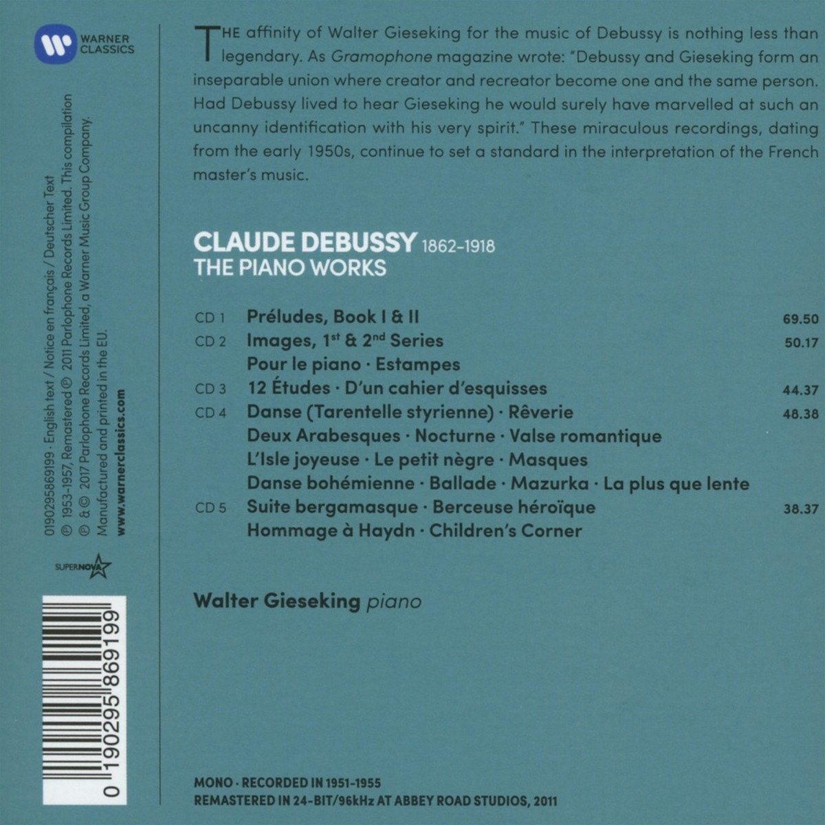 DEBUSSY: THE COMPLETE PIANO WORKS - GIESEKING (5 CDS)
