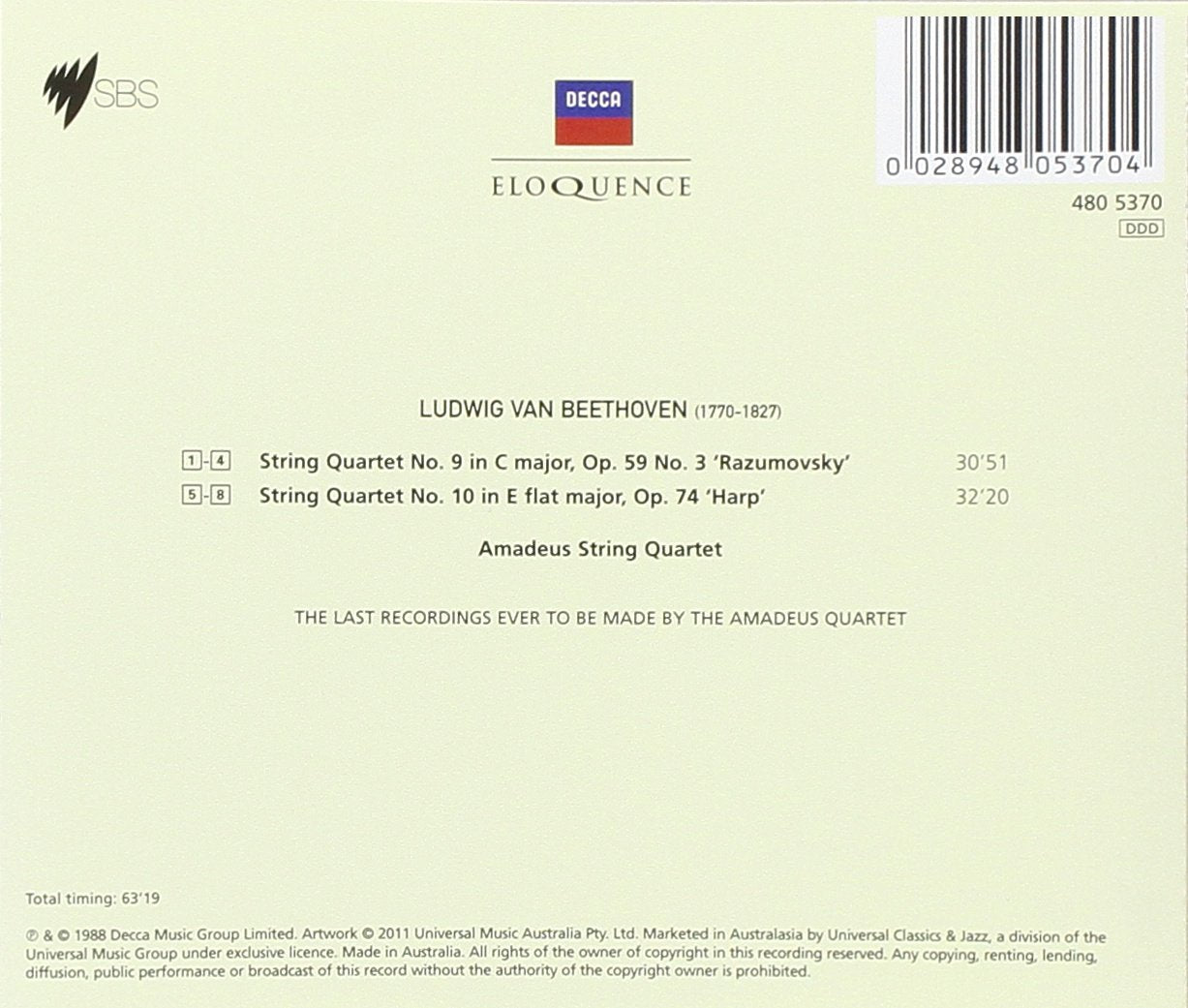 BEETHOVEN: String Quartets Op.59 No.3; Op.74 - Amadeus Quartet