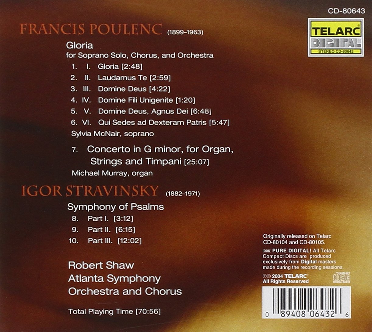POULENC: Gloria/Concerto for Organ; STRAVINSKY: Symphony of Psalms - Robert Shaw, Sylvia McNair, Michael Murray, Atlanta Symphony Orchestra