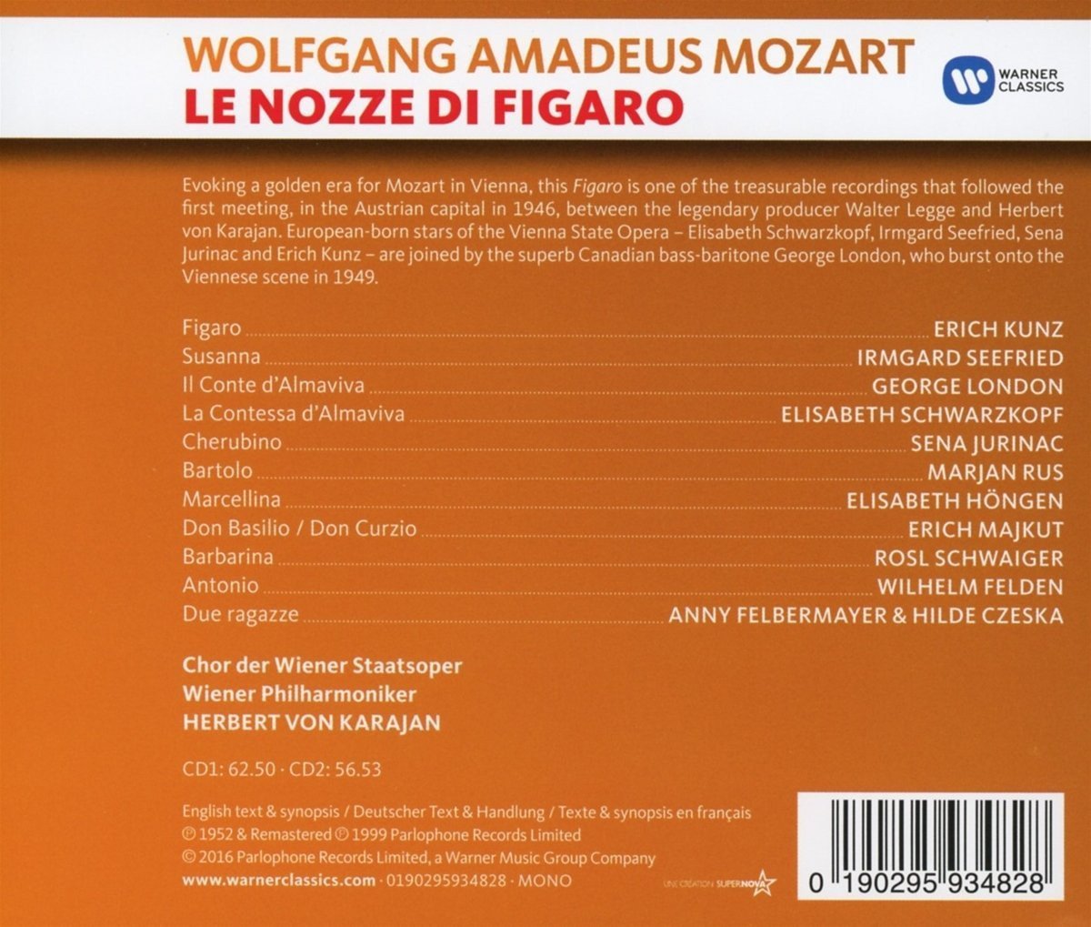 Mozart: Le Nozze di Figaro - Kunz, Schwarzkopf, Seefried, London, Vienna Philharmonic, von Karajan (2 CDs)