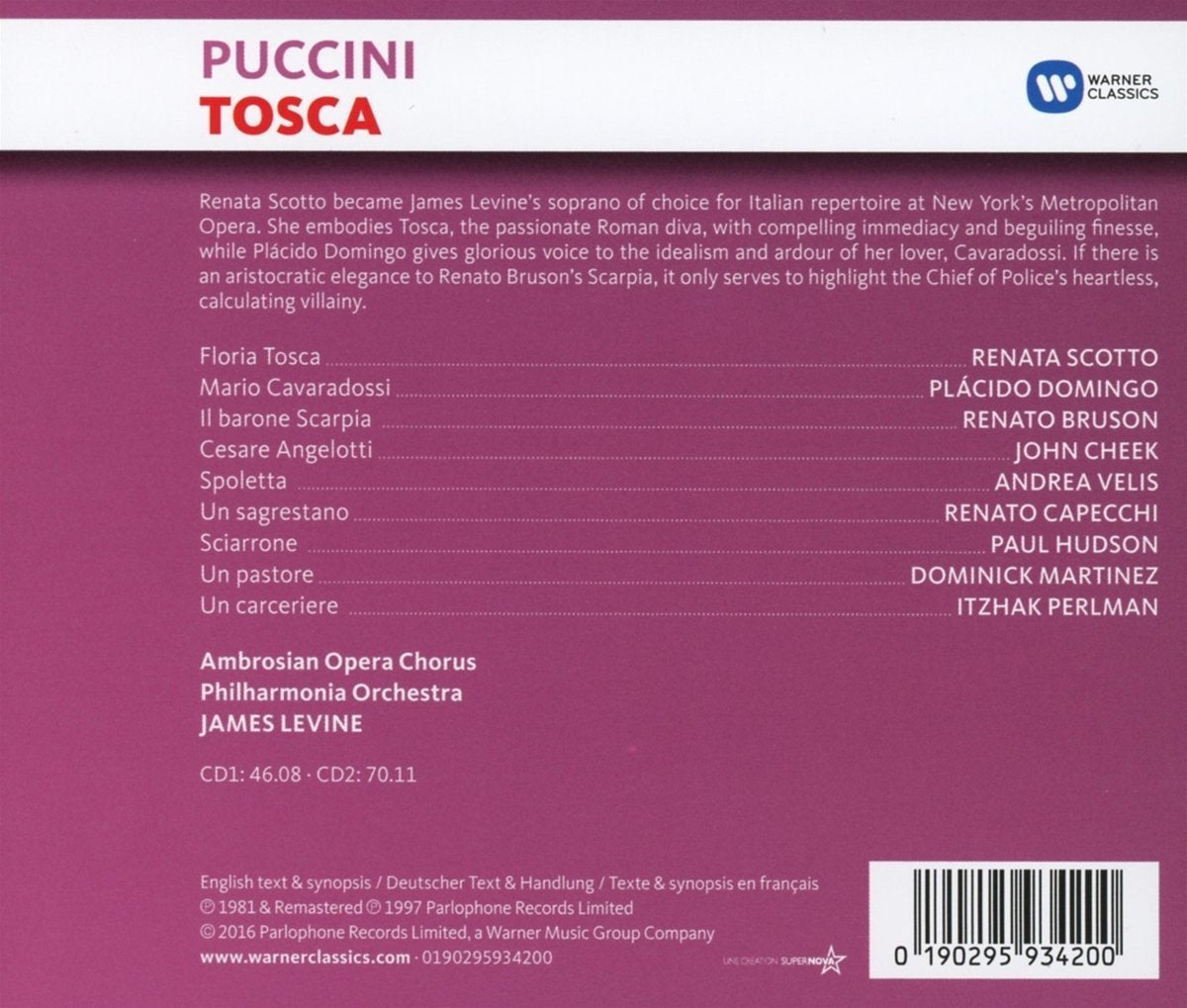 Puccini: Tosca - Scotto, Domingo, Levine, Philharmonia Orchestra (2 CDs)