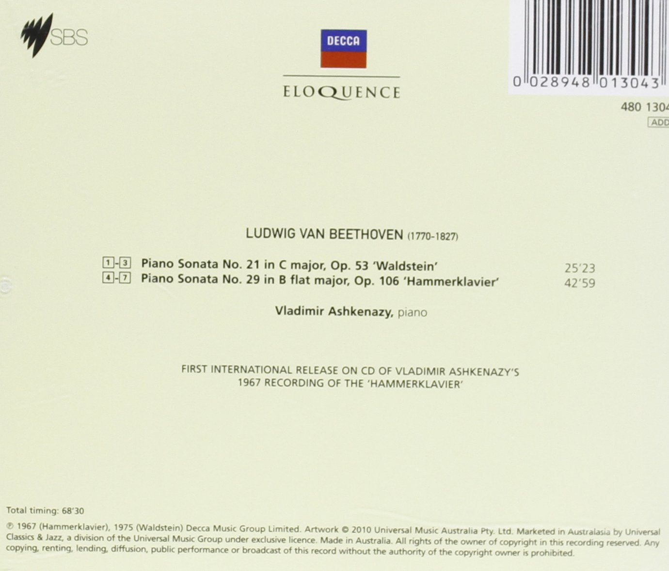 BEETHOVEN: Piano Sonatas Op. 53 "Waldstein"; Op. 106 "Hammerklavier" - Ashkenazy