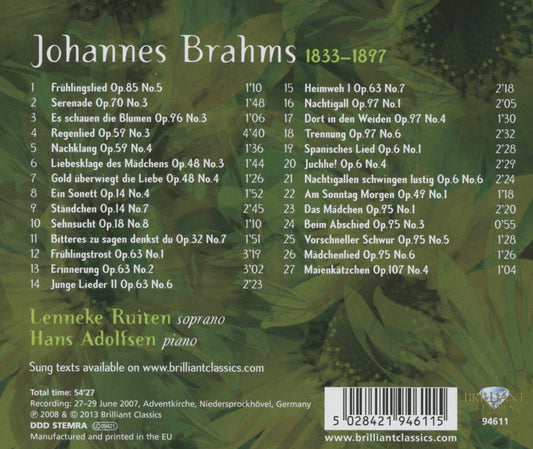 BRAHMS: Lieder - Lenneke Ruiten (soprano) & Hans Adolfsen (piano)
