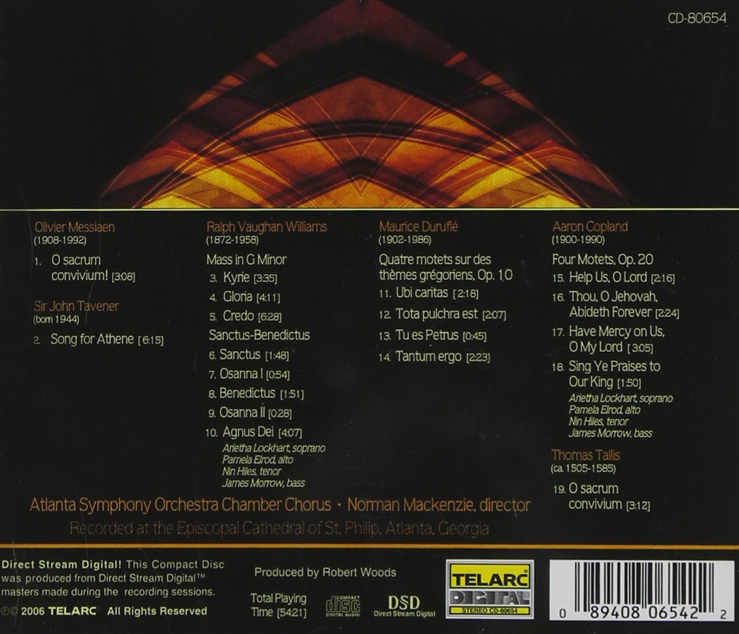 COPLAND: Motets; DURUFLE: Gregorian Motets; TAVENER: Song for Athene; VAUGHAN WILLIAMS: Mass in G - Atlanta Symphony Orchestra Chamber Chorus