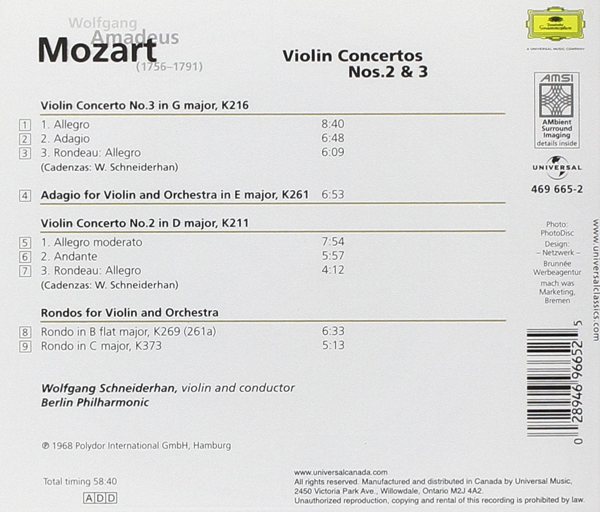 MOZART: VIOLIN CONS 2 & 3, RONDOS - SCHNIEDERHAN, BERLIN PHILHARMONIC