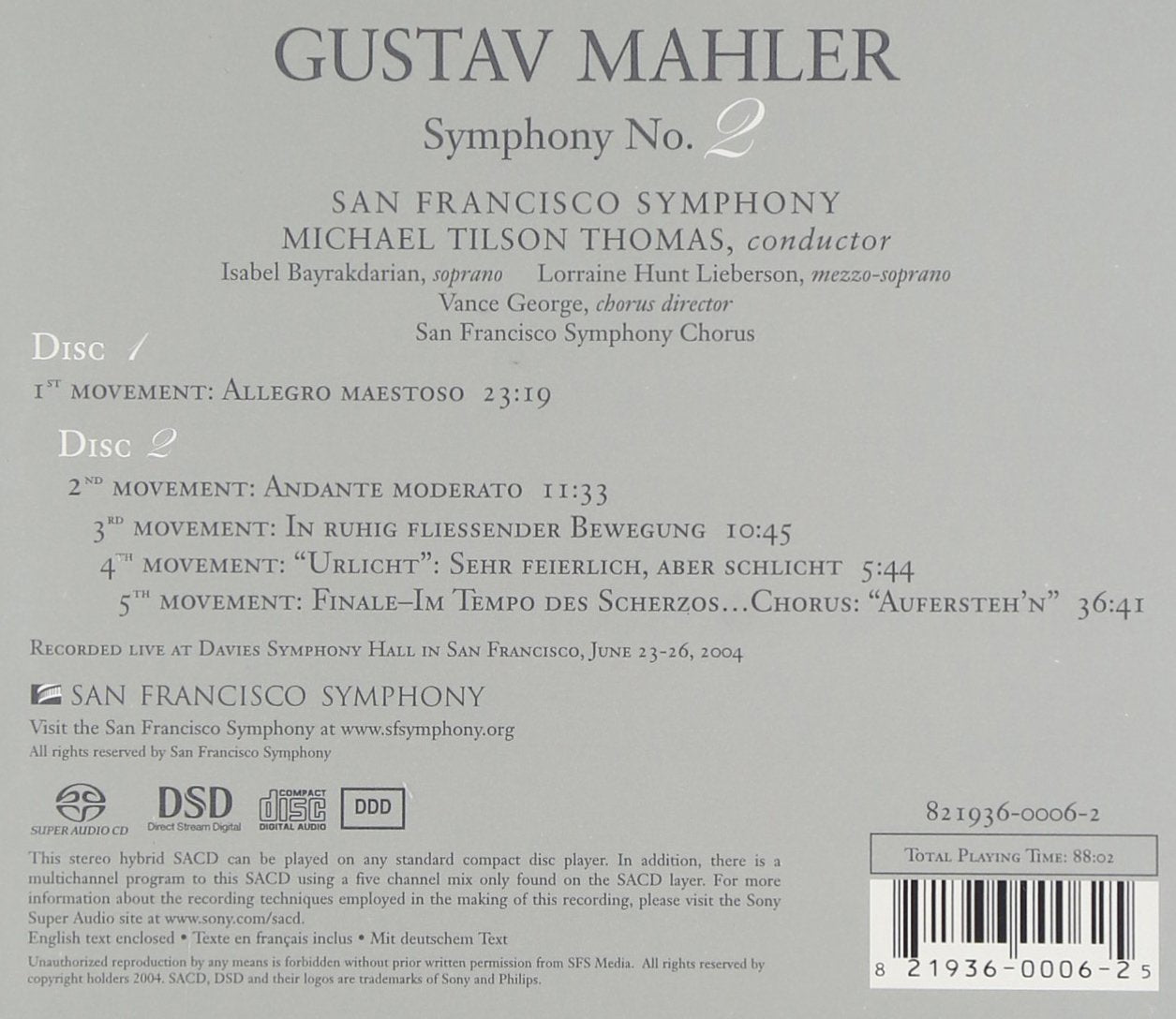MAHLER: SYMPHONY No. 2 "Resurrection" - Isabel Bayrakdarian, Lorraine Hunt Lieberson, San Francisco Symphony, Tilson-Thomas (2 Hybrid SACDs)