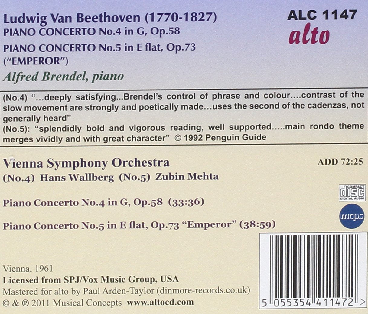 BEETHOVEN: PIANO CONCERTOS NO. 4 & NO. 5 - BRENDEL, VIENNA SYMPHONY