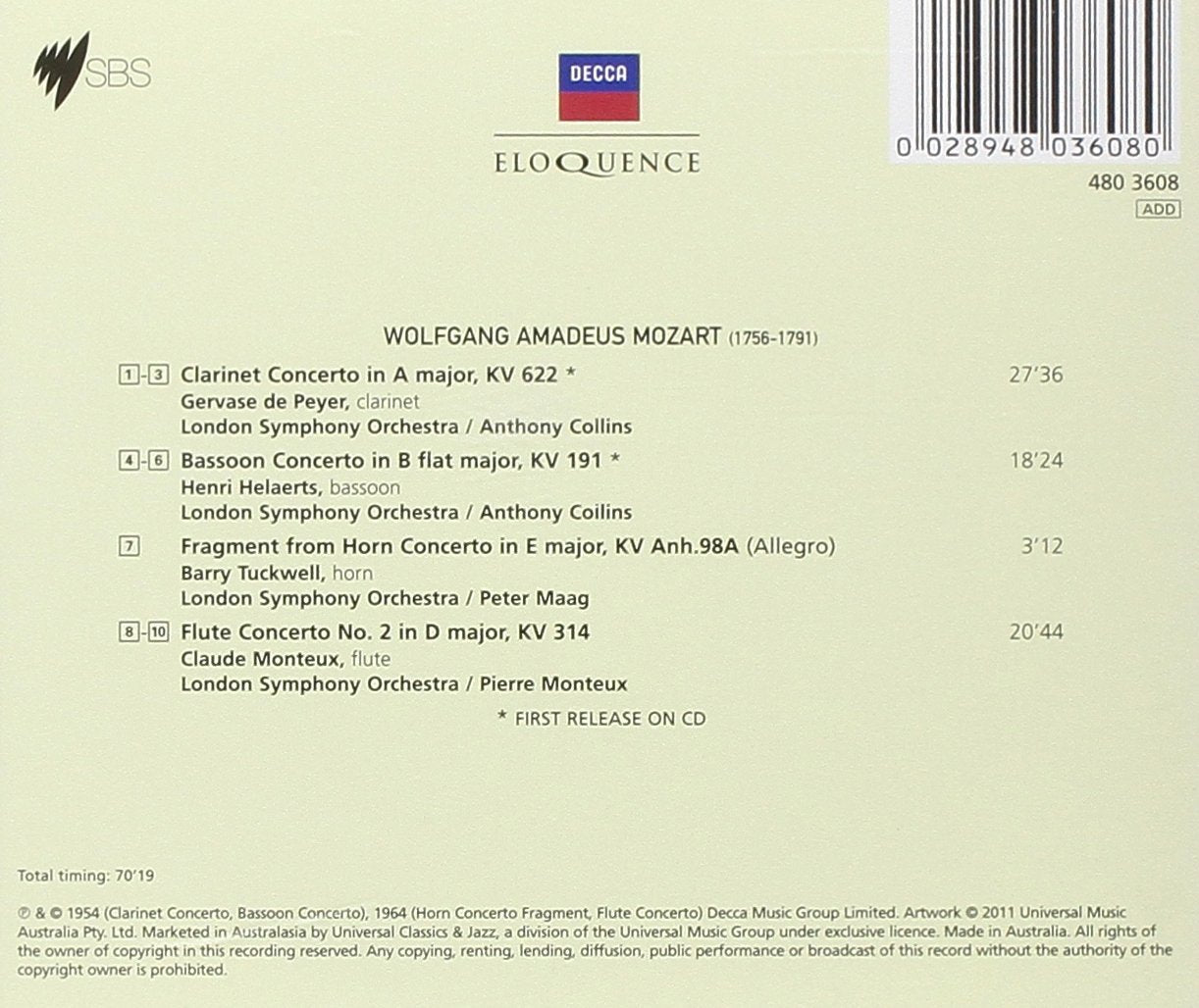 MOZART: Clarinet Concerto; Bassoon Concerto; Flute Concerto No. 2; Horn Concerto (fragment) - de Peyer; Helaerts; Monteux; Tuckwell; London Symphony Orchestra