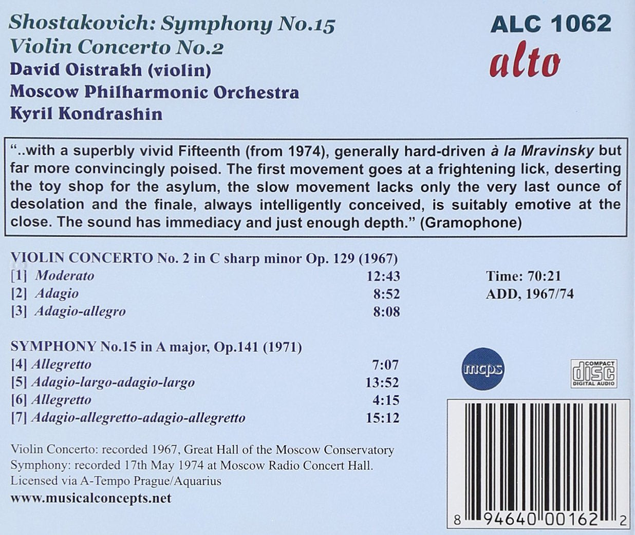 SHOSTAKOVICH: VIOLIN CONCERTO NO. 2; SYMPHONY NO. 15 - OISTRAKH, KONDRASHIN, MOSCOW PHILHARMONIC