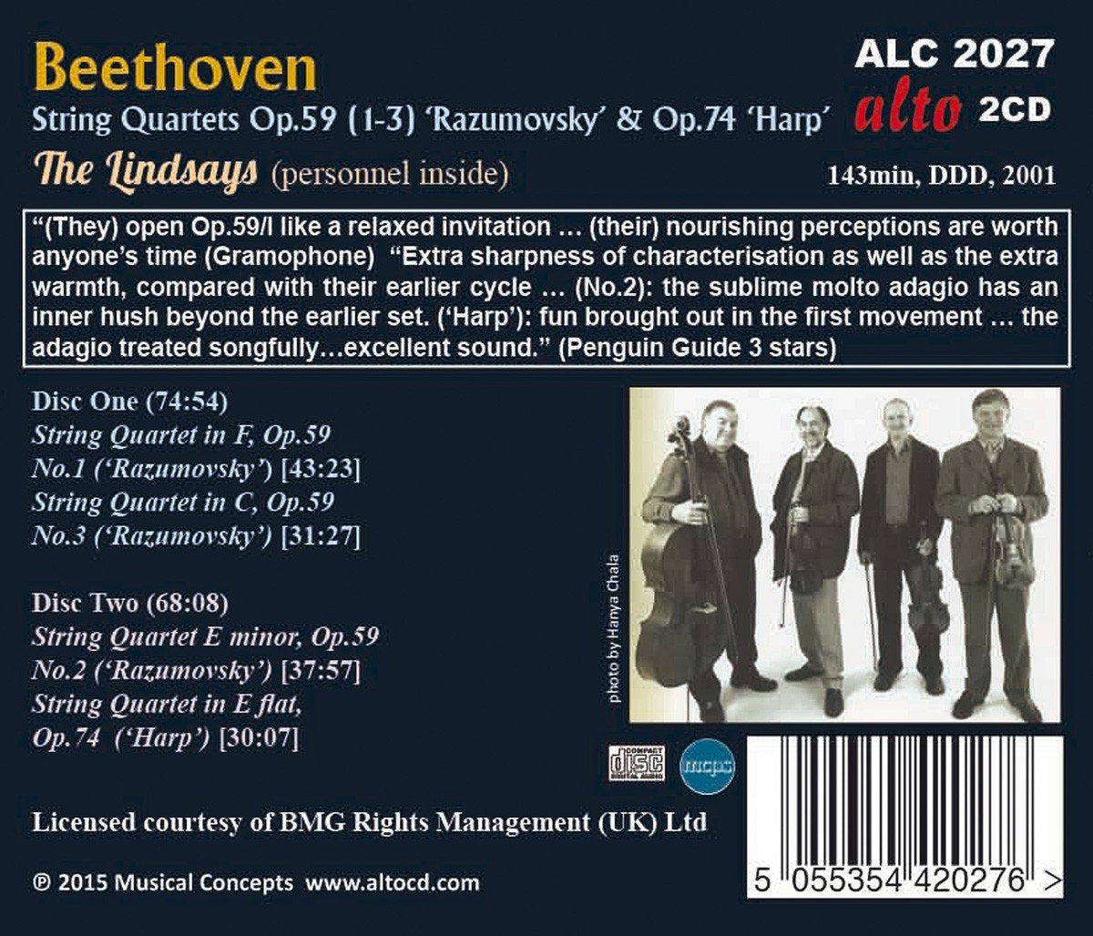 BEETHOVEN: STRING QUARTETS, OP. 59 "RAZUMOVSKY", OP. 74 "HARP" - LINDSAY STRING QUARTET