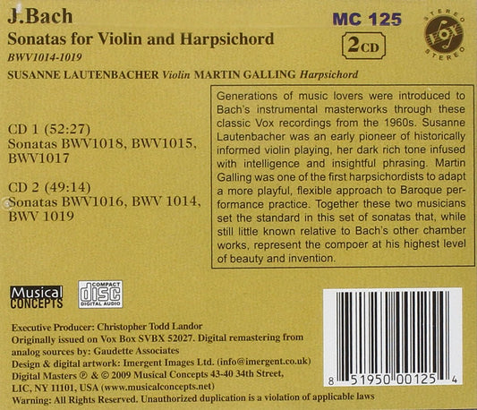 BACH, J.S.: SONATAS FOR VIOLIN & HARPSICHORD - LAUTENBACHER, GALLING (2 CDS)