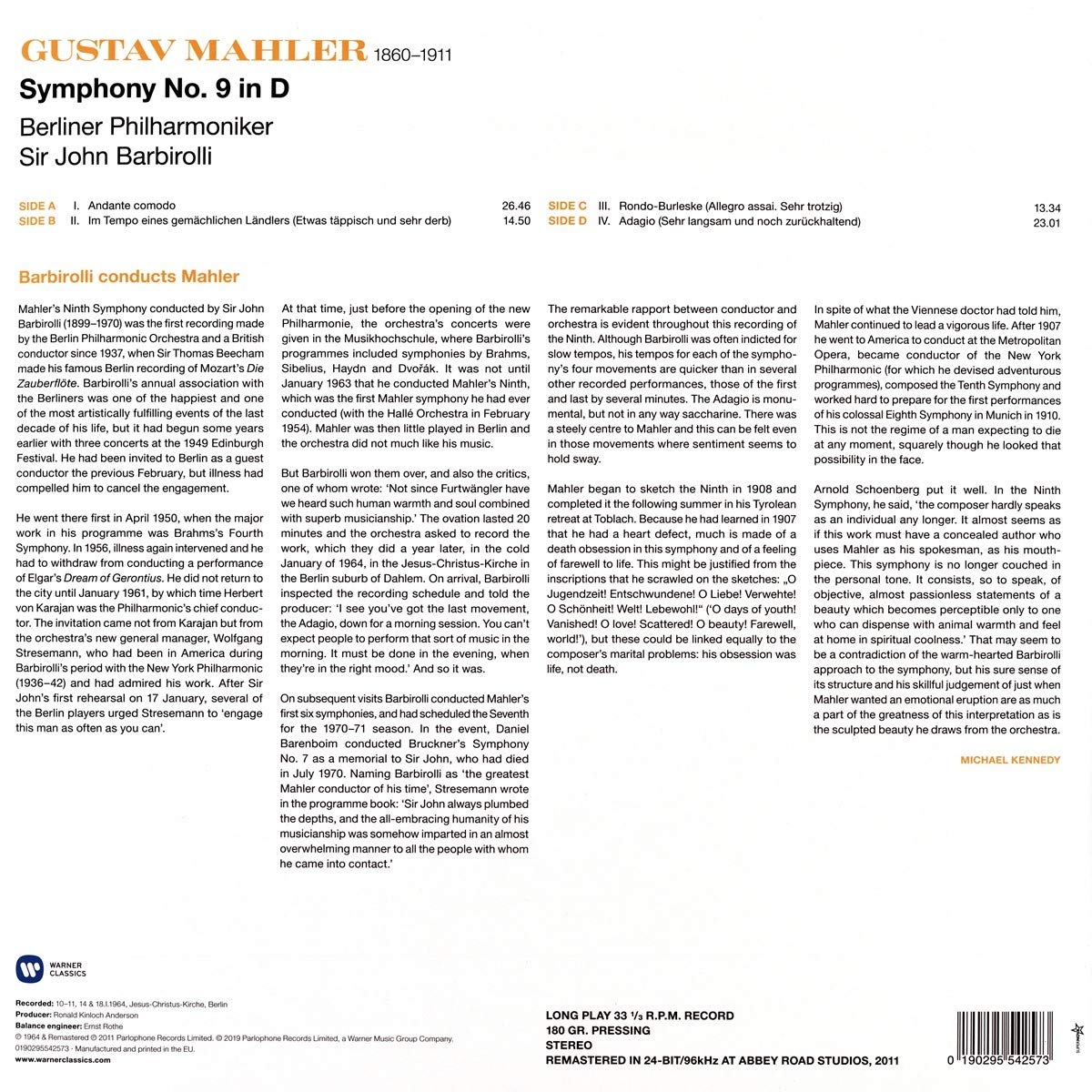 MAHLER: SYMPHONY NO. 9: BERLIN PHILHARMONIC, JOHN BARBIROLLI (2 LP)