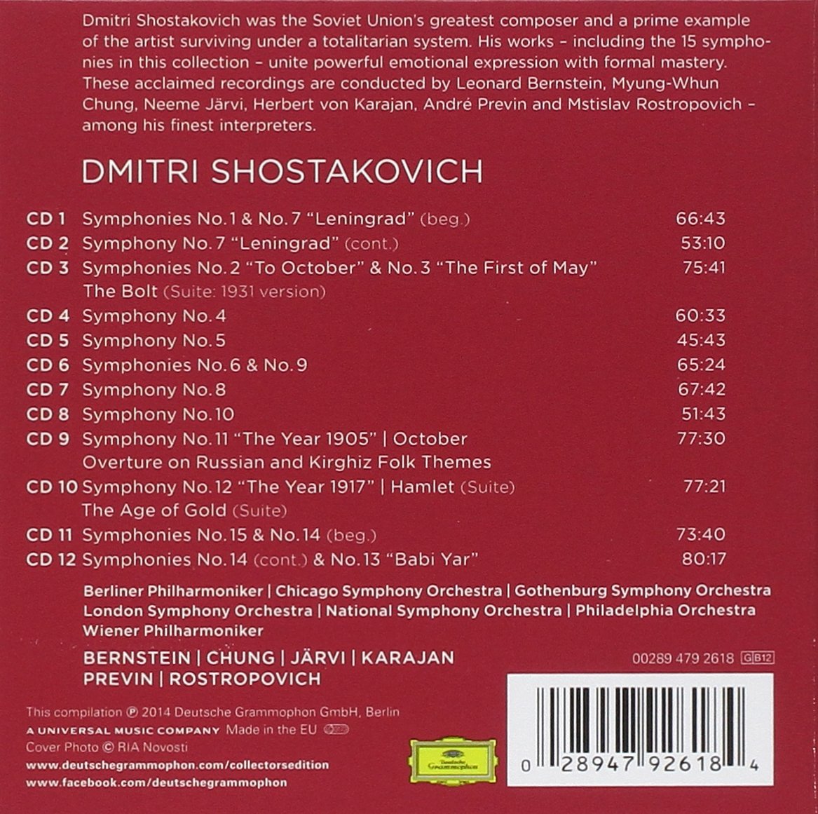 Shostakovich: Complete Symphonies - Bernstein, Chung, Jarvi, Previn, Chung, Rostropovich (12 CDs)