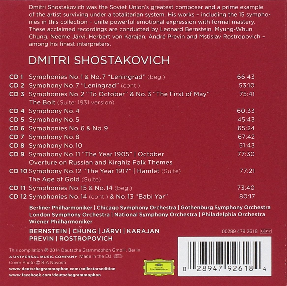 Shostakovich: Complete Symphonies - Bernstein, Chung, Jarvi, Previn, Chung, Rostropovich (12 CDs)