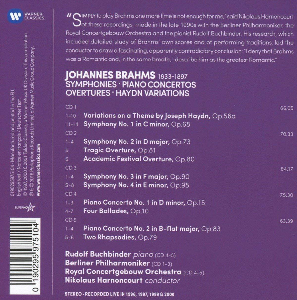 Brahms: Symphonies, Overtures, Haydn, Variations, Piano Concertos - HARNONCOURT, BUCHBINDER, BERLIN PHILHARMONIC, CONCERTGEBOUW (5 CDS)