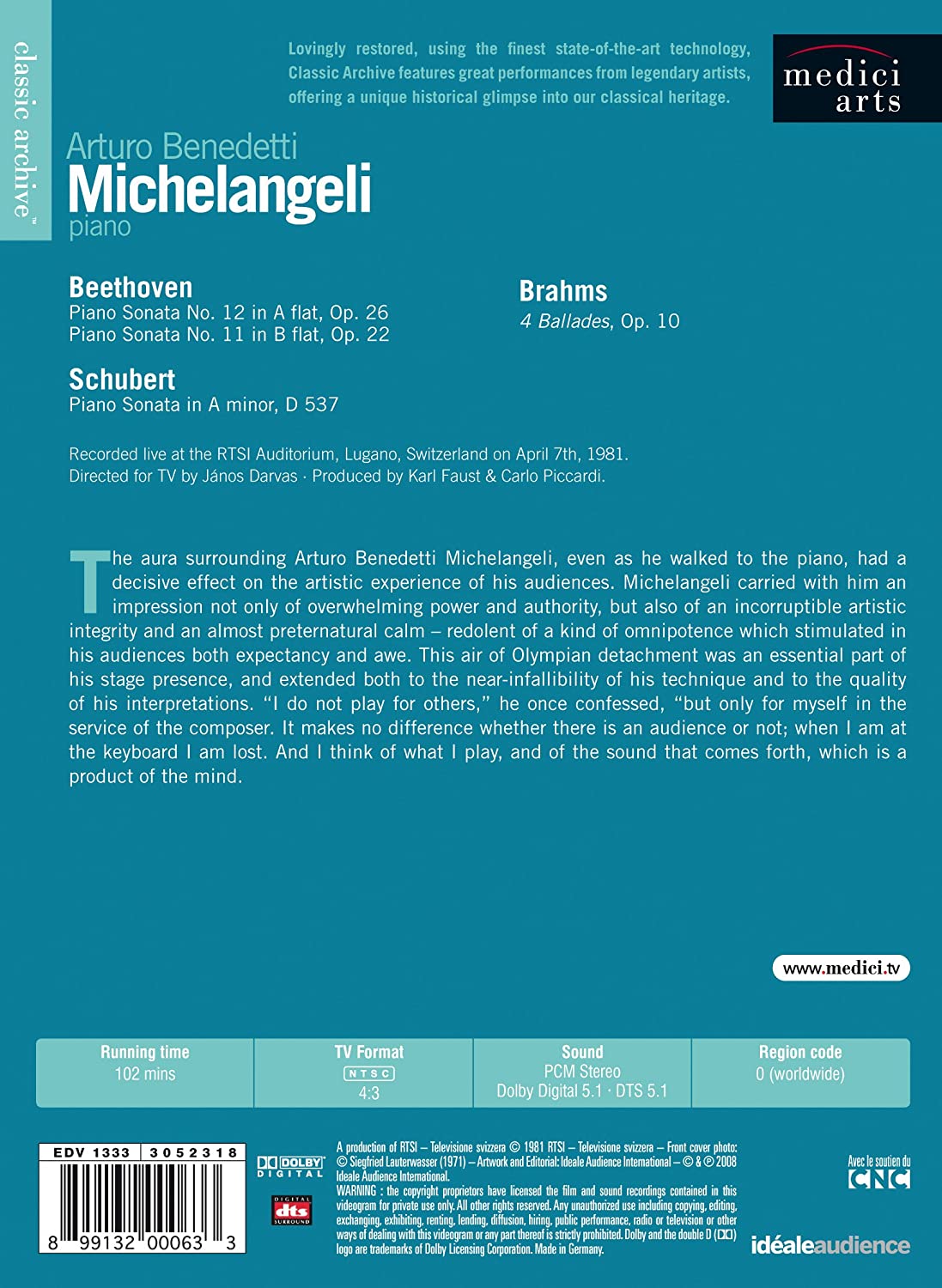 BEETHOVEN / SCHUBERT / BRAHMS: Classic Archive - Arturo Benedetti Michelangeli (DVD)