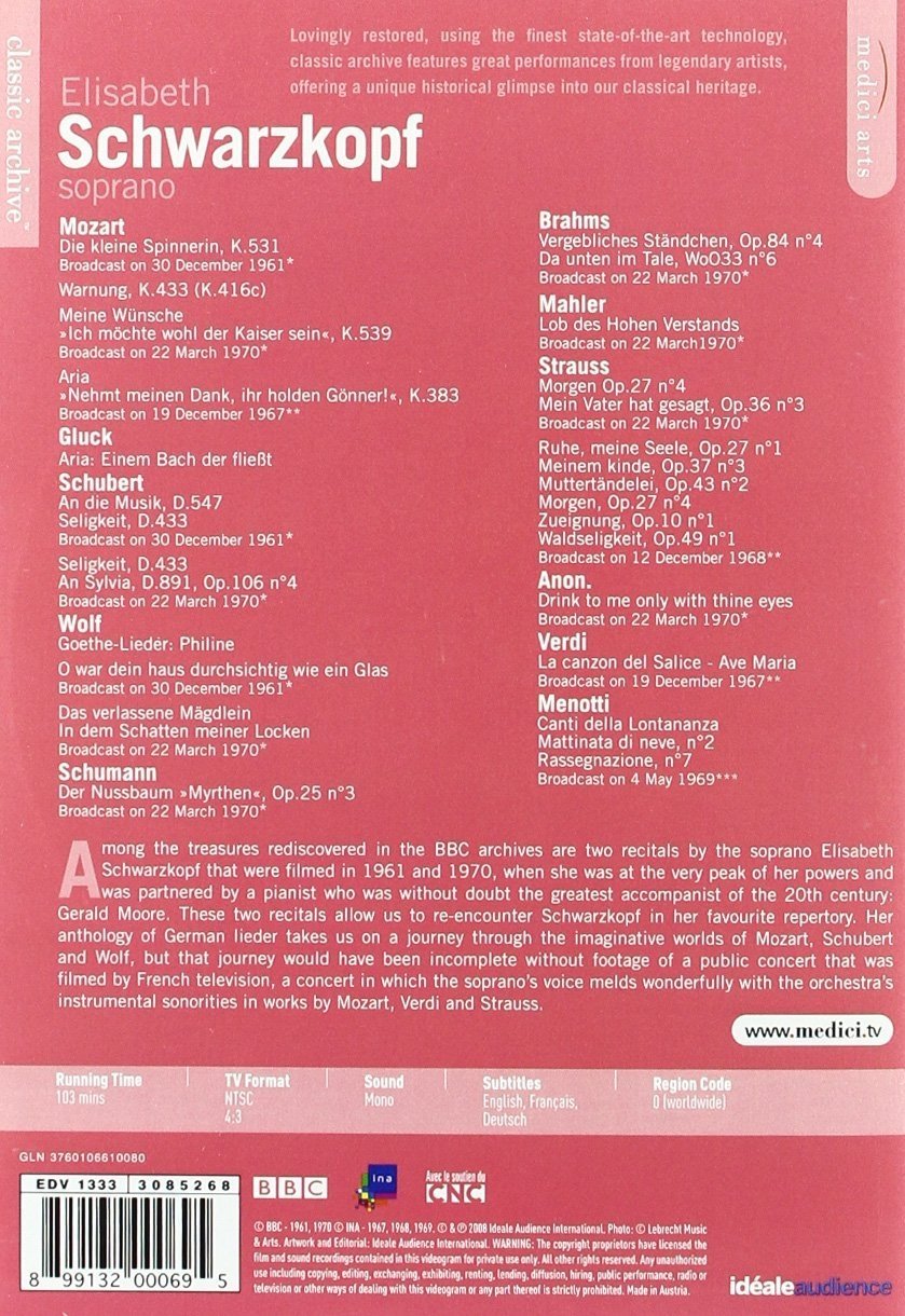 Elizabeth Schwarzkopf (BRAHMS/GLUCK/MAHLER/MENOTTI/MOZART): Classic Archive (DVD)